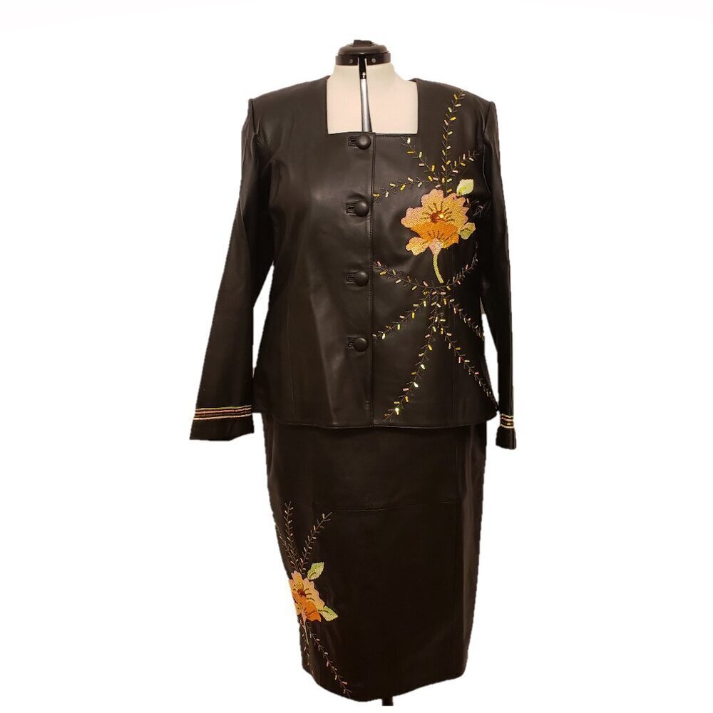 Darshi Women's 2-pc Black Leather Suit with Embroidered Jacket and Skirt, SZ 22 - Picture 1 of 14